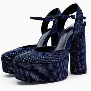 Zara Rhinestone Navy Blue Platform Heels Size 7
